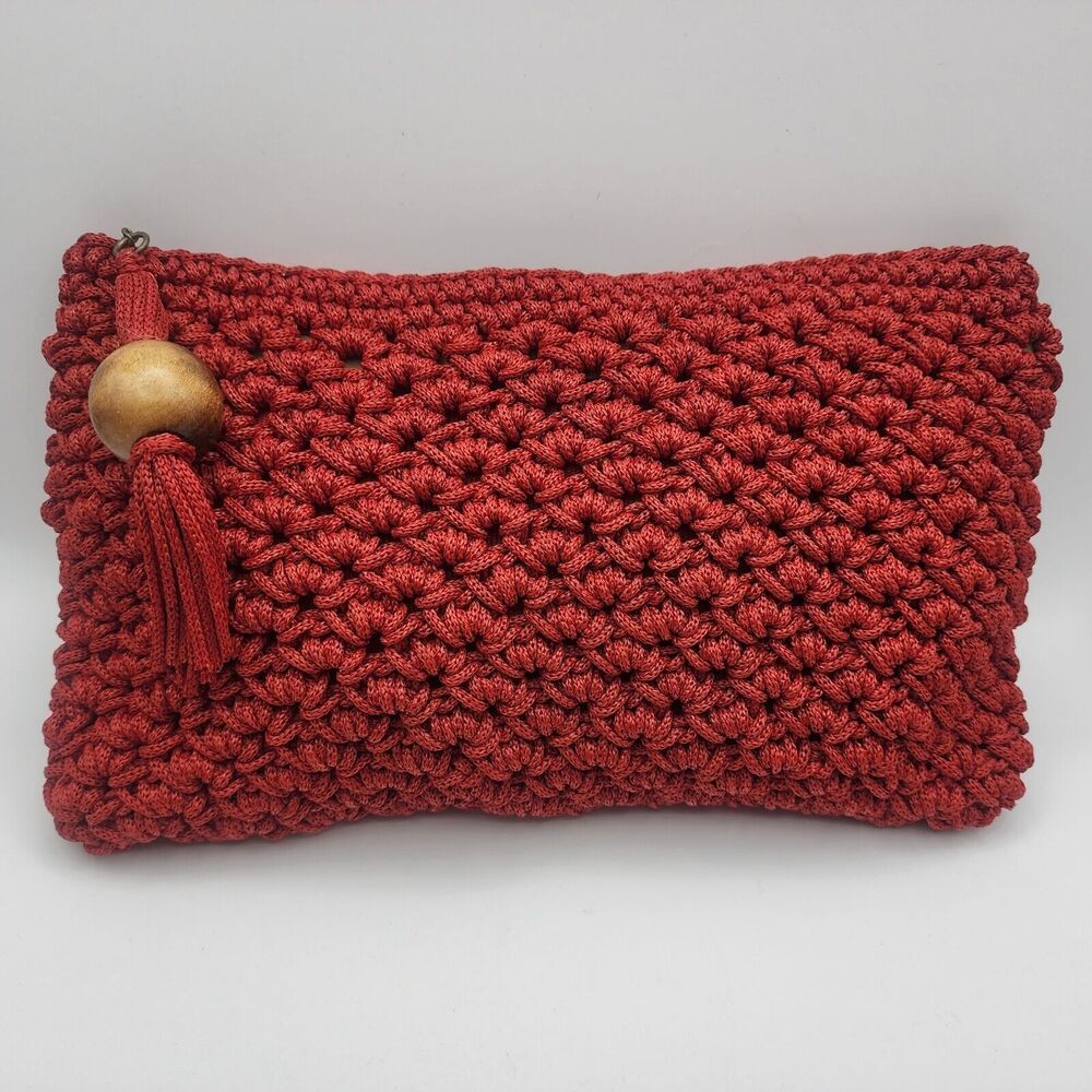 ADG Fashion Imports Red Crochet Handbag Purse Clutch Zip Inner Pocket Japan